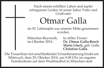 Todesanzeige von Otmar Galla von merkurtz