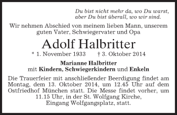 Todesanzeige von Adolf Halbritter von merkurtz
