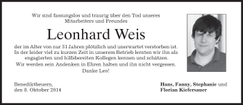 Todesanzeige von Leonhard  Weis von merkurtz