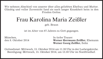 Todesanzeige von Karolina Maria Zeißler von merkurtz