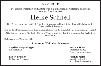 Todesanzeige von Heike Schnell von merkurtz