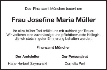 Todesanzeige von Josefine Maria Müller von merkurtz