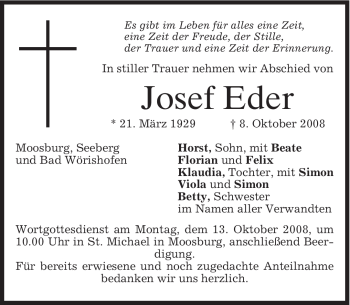 Todesanzeige von Josef Eder von MERKUR & TZ