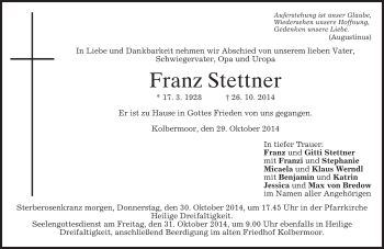 Todesanzeige von Franz Stettner von merkurtz
