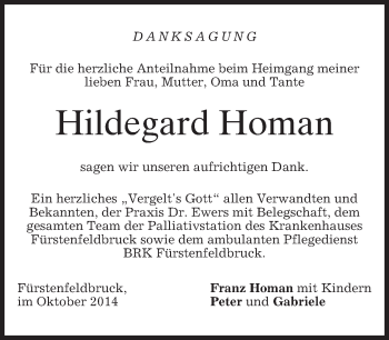 Todesanzeige von Hildegard Homan von merkurtz