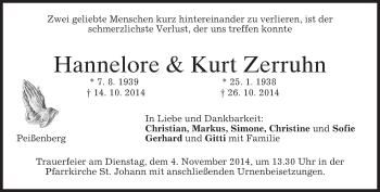Todesanzeige von Hannelore und Kurt Zerruhn von merkurtz