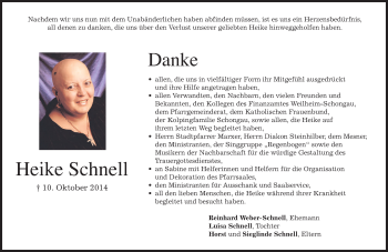 Todesanzeige von Heike Schnell von merkurtz
