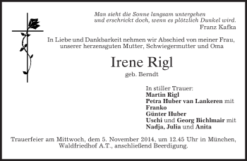 Todesanzeige von Irene Rigl von merkurtz