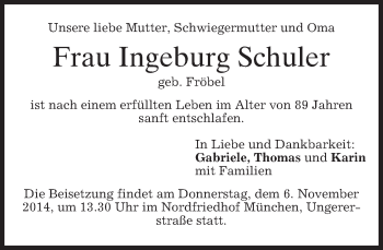 Todesanzeige von Ingeburg Schuler von merkurtz