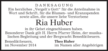 Todesanzeige von Ria Huber von merkurtz