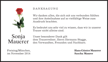 Todesanzeige von Sonja Mauerer von merkurtz