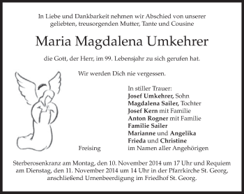 Todesanzeige von Maria Magdalena Umkehrer von merkurtz