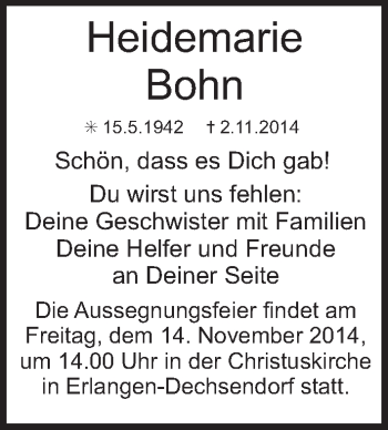 Todesanzeige von Heidemarie Bohn von merkurtz