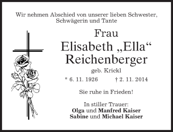 Todesanzeige von Elisabeth Reichenberger von merkurtz