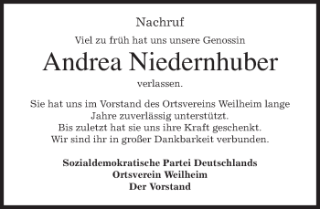 Todesanzeige von Andrea Niedernhuber von merkurtz