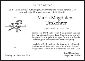 Todesanzeige von Maria Magdalena Umkehrer von merkurtz