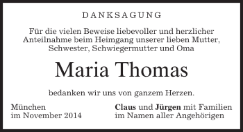 Todesanzeige von Maria Thomas von merkurtz