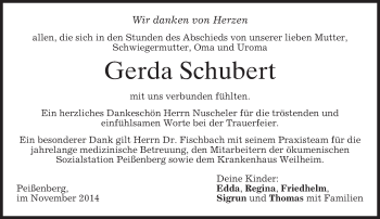 Todesanzeige von Gerda Schubert von merkurtz