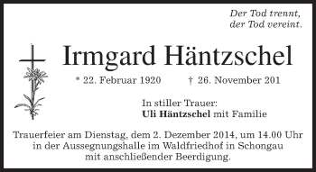 Todesanzeige von Irmgard Häntzschel von merkurtz