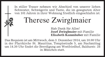Todesanzeige von Therese Zwirglmaier von merkurtz