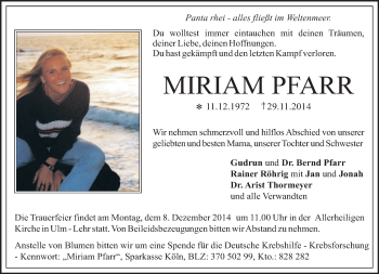 Todesanzeige von Miriam Pfarr von merkurtz