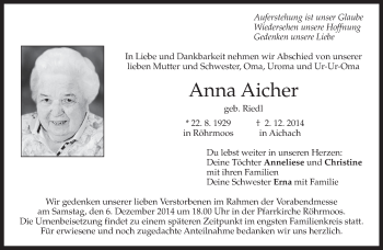Todesanzeige von Anna Aicher von merkurtz