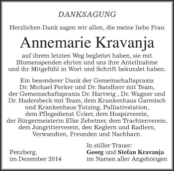 Todesanzeige von Annemarie Kravanja von merkurtz