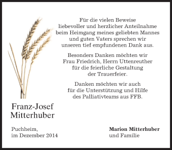 Todesanzeige von Franz-Josef Mitterhuber von merkurtz