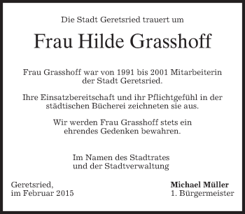 Todesanzeige von Hilde Grasshoff von merkurtz