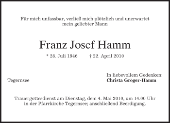 Todesanzeige von Franz Josef Hamm von MERKUR & TZ