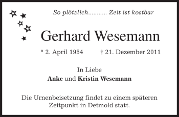 Todesanzeige von Gerhard Wesemann von MERKUR & TZ