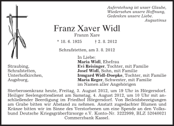 Todesanzeige von Franz Xaver Widl von MERKUR & TZ