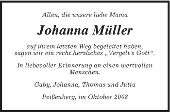 Todesanzeige von Johanna Müller von MERKUR & TZ