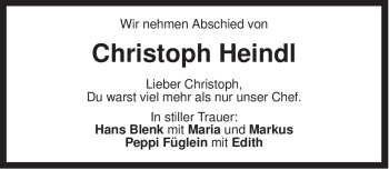 Todesanzeige von Christoph Heindl von MERKUR & TZ