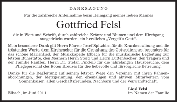 Todesanzeige von Gottfried Felsl von MERKUR & TZ