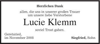 Todesanzeige von Lucie Klemm von MERKUR & TZ