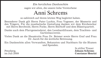 Todesanzeige von Anni Schrems von MERKUR & TZ
