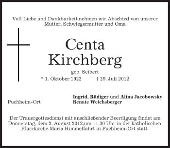 Todesanzeige von Centa Kirchberg von MERKUR & TZ