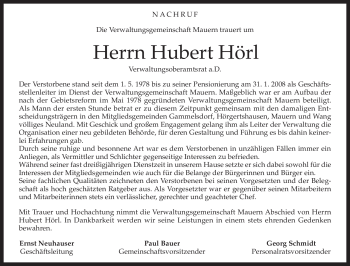 Todesanzeige von Hubert Hörl von MERKUR & TZ