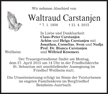 Todesanzeige von Waltraud Carstanjen von merkurtz