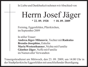 Todesanzeige von Josef Jäger von MERKUR & TZ
