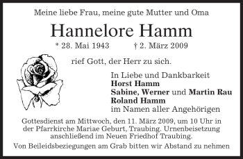 Todesanzeige von Hannelore Hamm von MERKUR & TZ