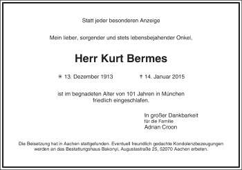 Todesanzeige von Kurt Bermes von merkurtz