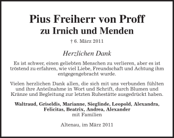 Todesanzeige von Pius von Proff zu Irnich und Menden von MERKUR & TZ