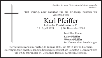 Todesanzeige von Karl Pfeiffer von MERKUR & TZ