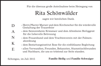 Todesanzeige von Rita Schönwälder von merkurtz