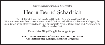 Todesanzeige von Bernd Schädrich von MERKUR & TZ