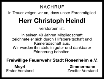 Todesanzeige von Christoph Heindl von MERKUR & TZ