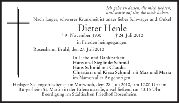 Todesanzeige von Dieter Henle von MERKUR & TZ