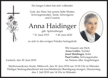 Todesanzeige von Anna Haidinger von MERKUR & TZ